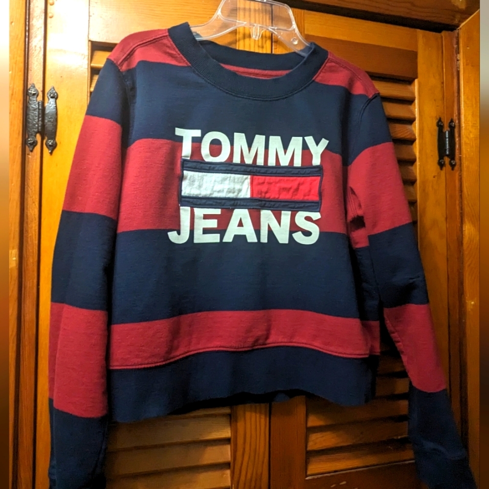 Tommy Hilfiger Tommy Jeans Navy and Red Striped Crewneck Sweatshirt
